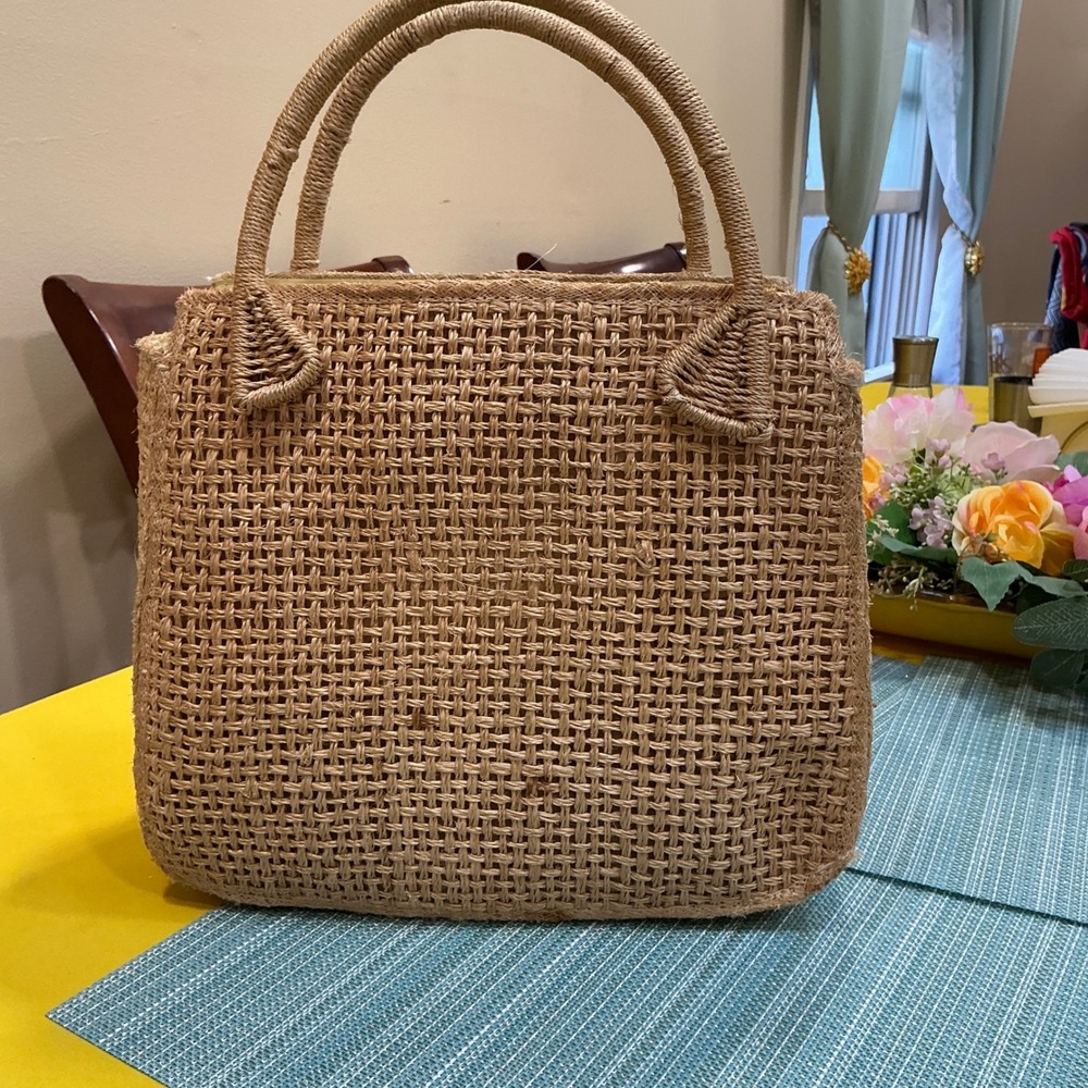 Cabana Tote Bag Vintage OS Tan Woven Straw Floral Embroidered Basket Bag - Picture 3 of 11